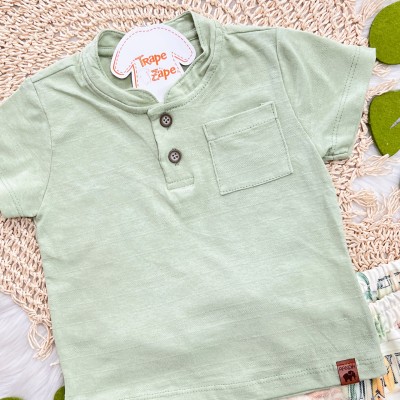  Conj. Camiseta com Bolsinho e Bermuda Praia - Verde e Off White